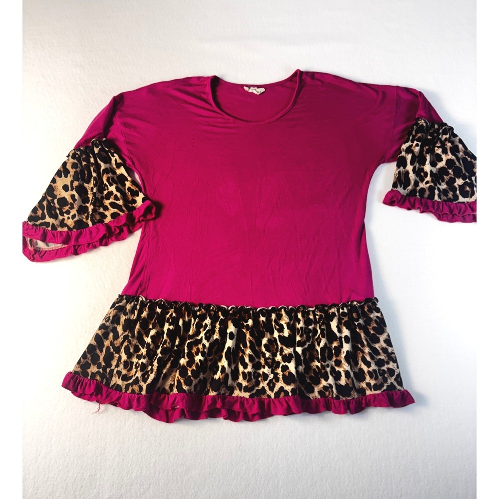 Southern Stitch Magenta Pink Leopard Print Ruffle Bell Sleeve Tunic Top Medium - Picture 2 of 9